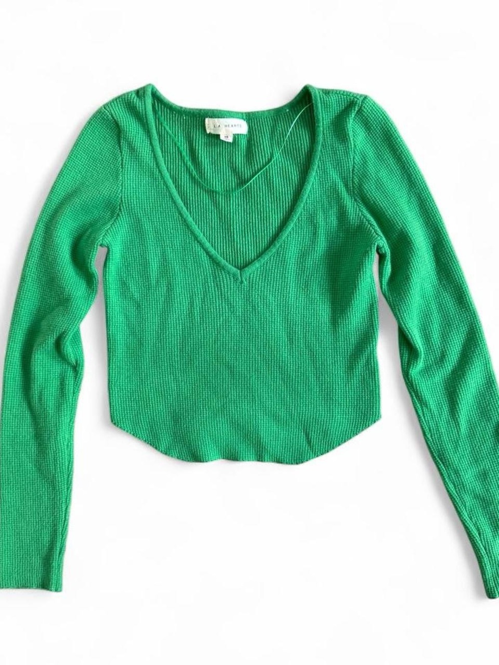 La Hearts Bright Green Ribbed V-Neck Long Sleeve Top